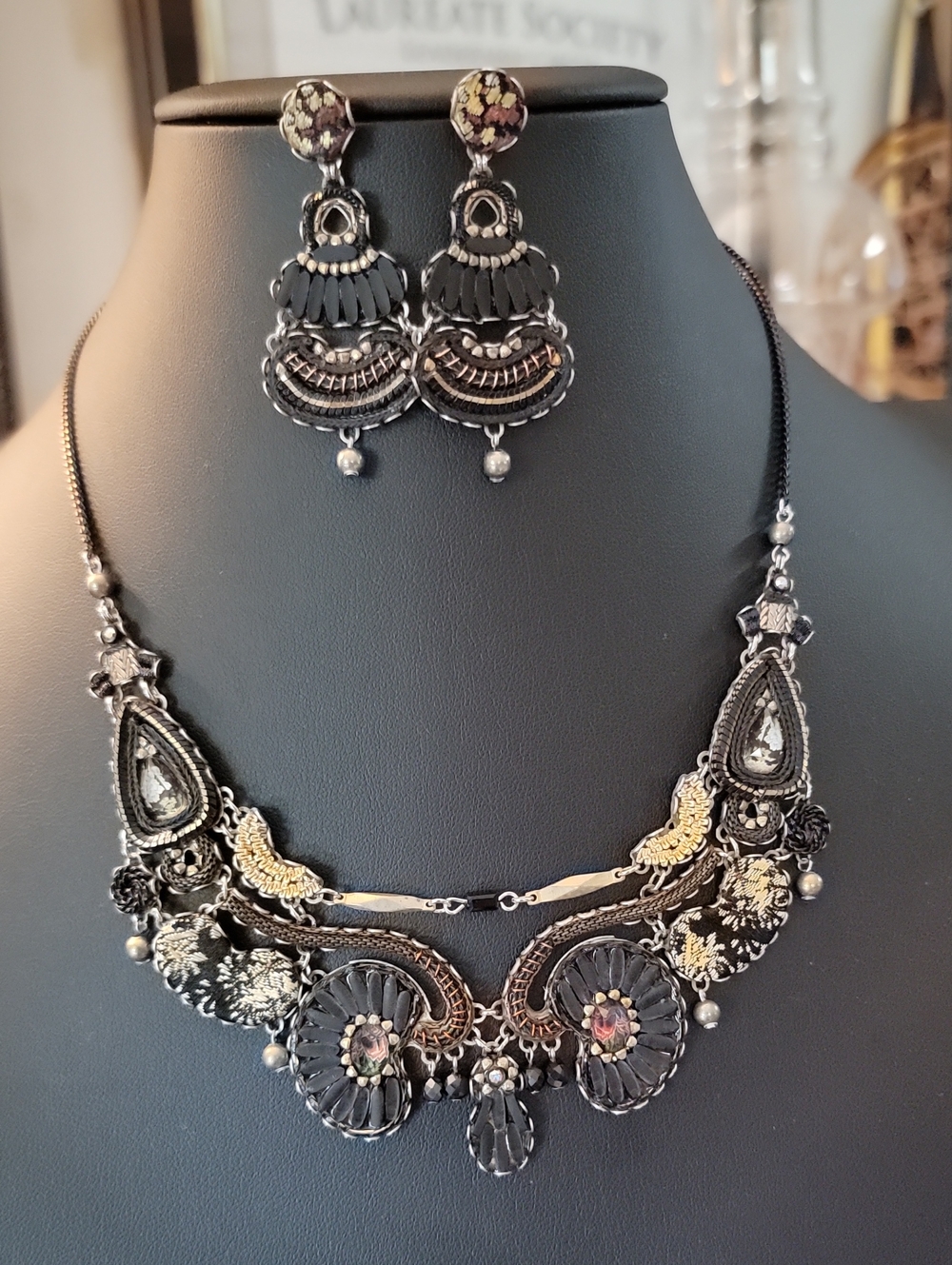 Ayala Bar Handcrafted Black & Gold Statement Necklace and Earrings Set